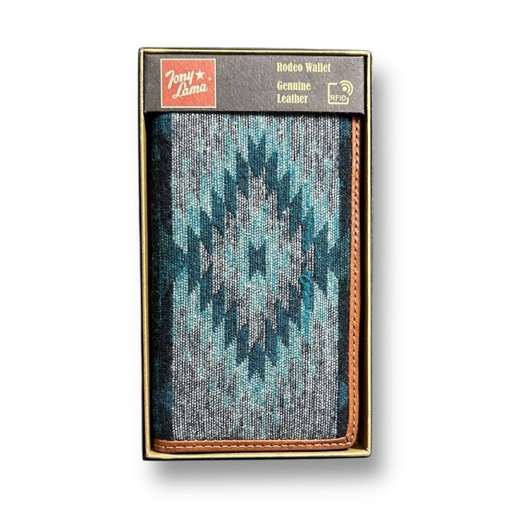 New Tony Lama Rodeo Wallet Blue Aztec Genuine Leather RFID Western‎ Checkbook